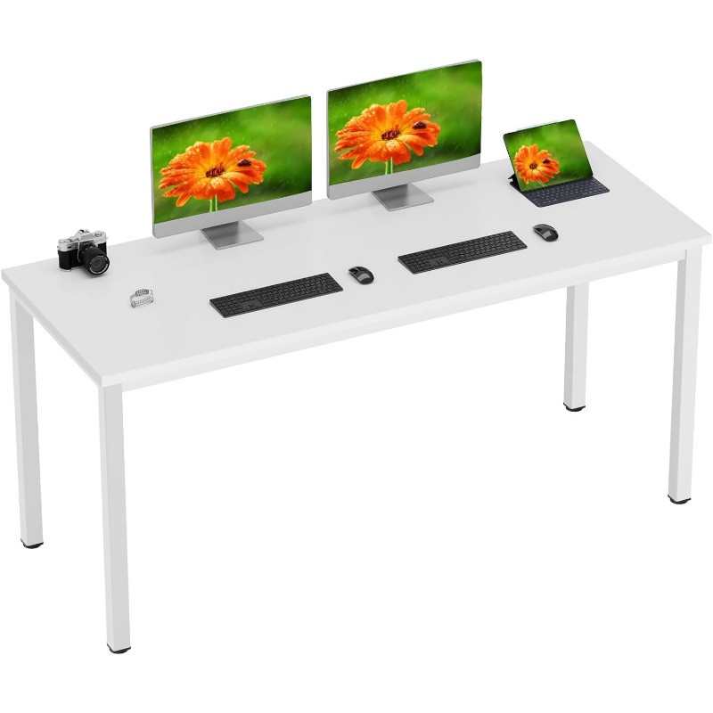 White large computer desk with dual monitors and tablet